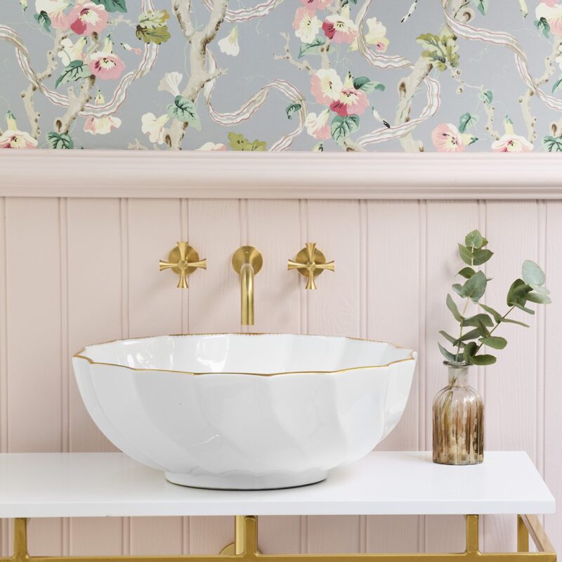 Angelica decorative basin with a Theo tap in brushed brass, Theo Waste & Bottle Trap in brushed brass, and a Felix single vanity unit.