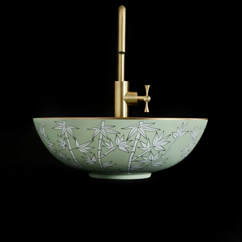 Sophia mint green countertop basin with Arlo polished gold tap