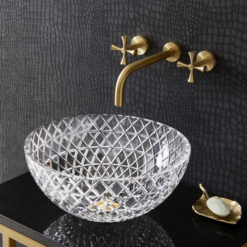 Maximalist bathroom featuring Lucia basin, Theo tap in brushed brass, mini Hugo vanity unit and otto gold mirror