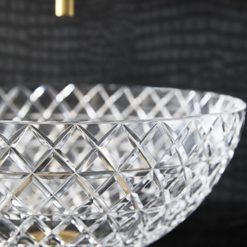 close up image of Lucia basin in clear glass against black background