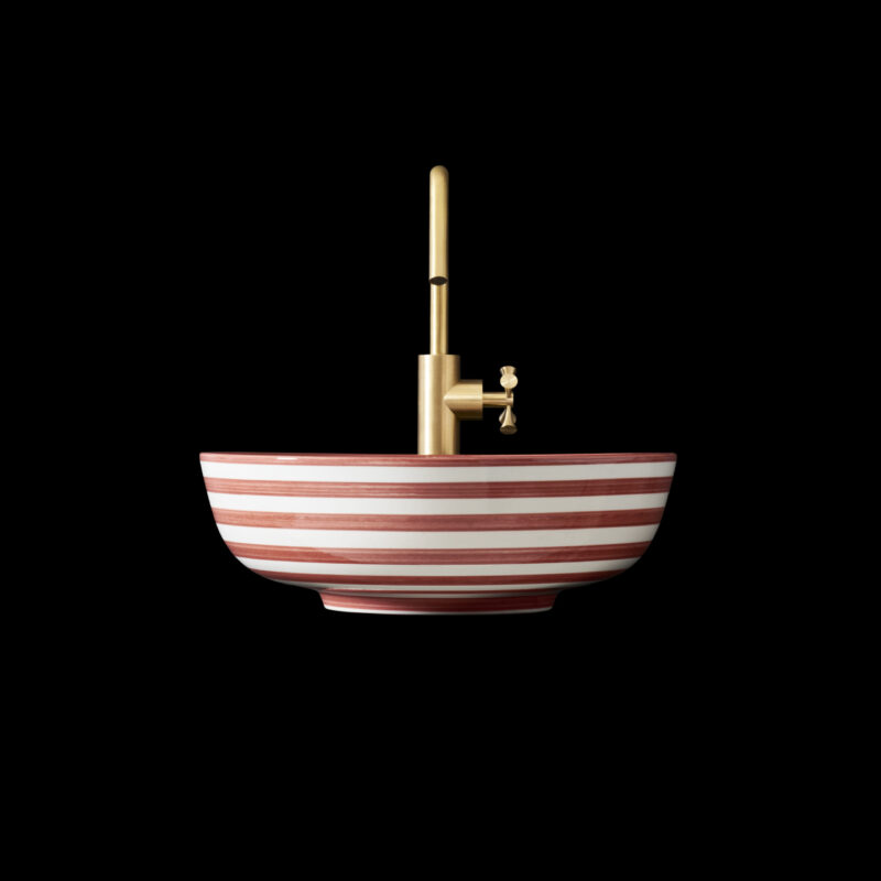 round striped countertop terracotta red basin made from the finest ceramic porcelain
