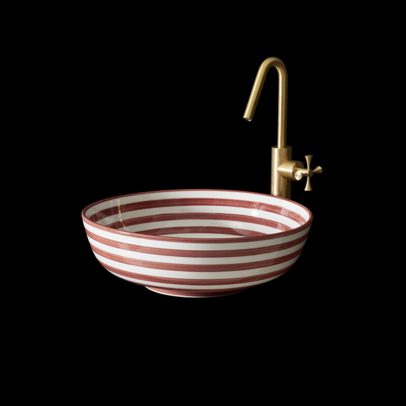 round striped countertop terracotta red basin made from the finest ceramic porcelain