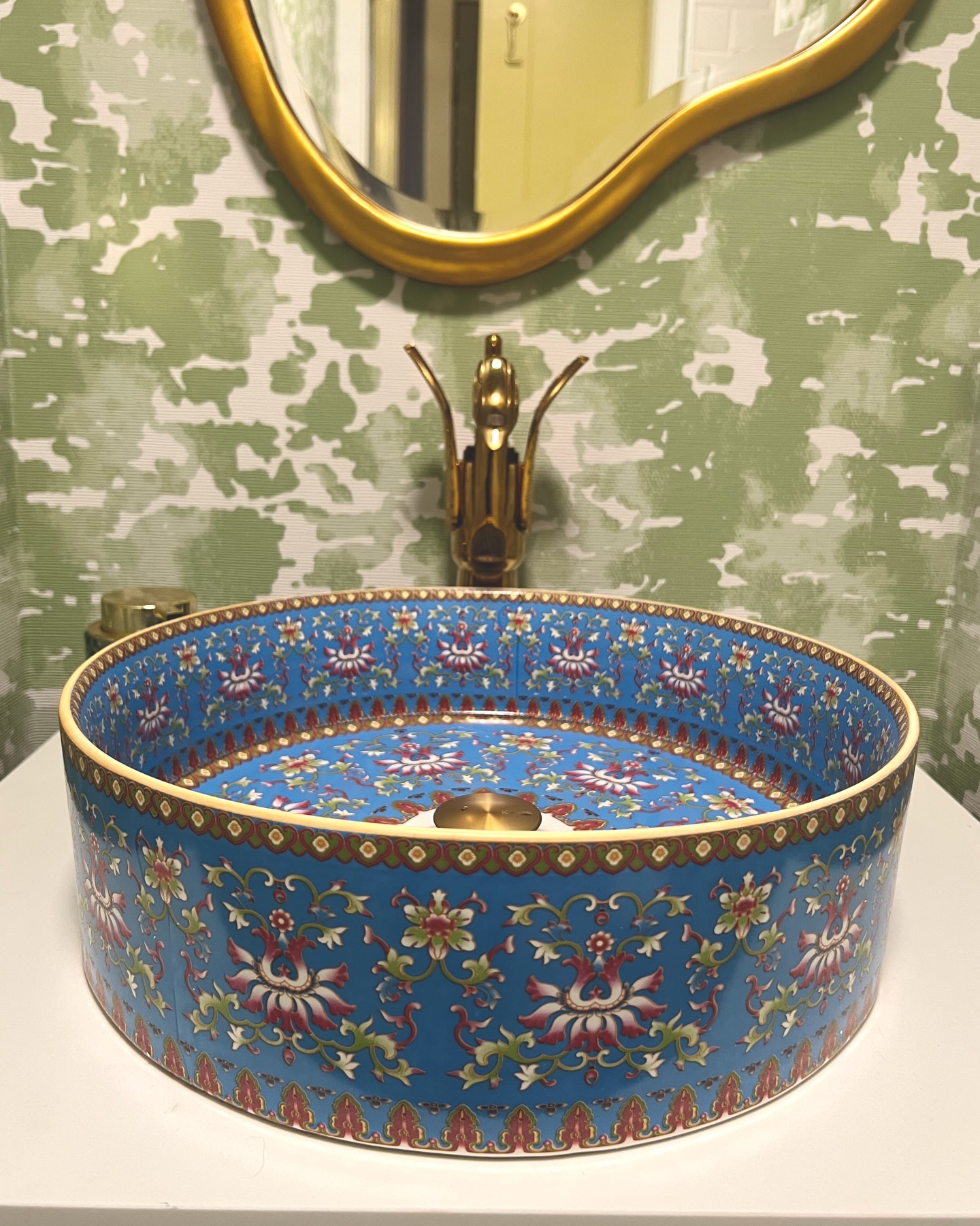 A joyful clash of colour & pattern ➡️ for bathroom reveal 🤍 The Marnie Blue countertop basin takes...