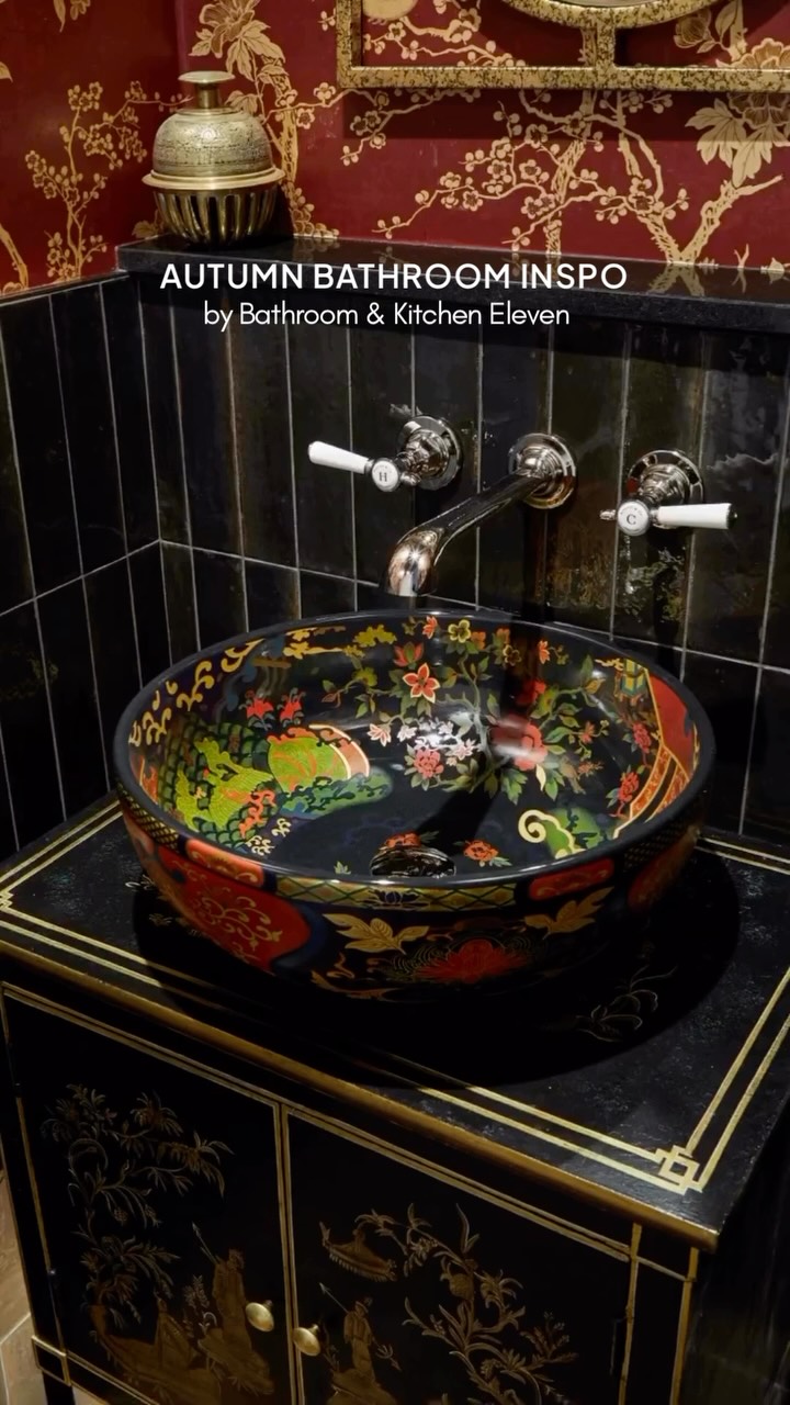 A richly decorated cloakroom by @bathroomandkitcheneleven, with our Ophelia Basin taking centre...